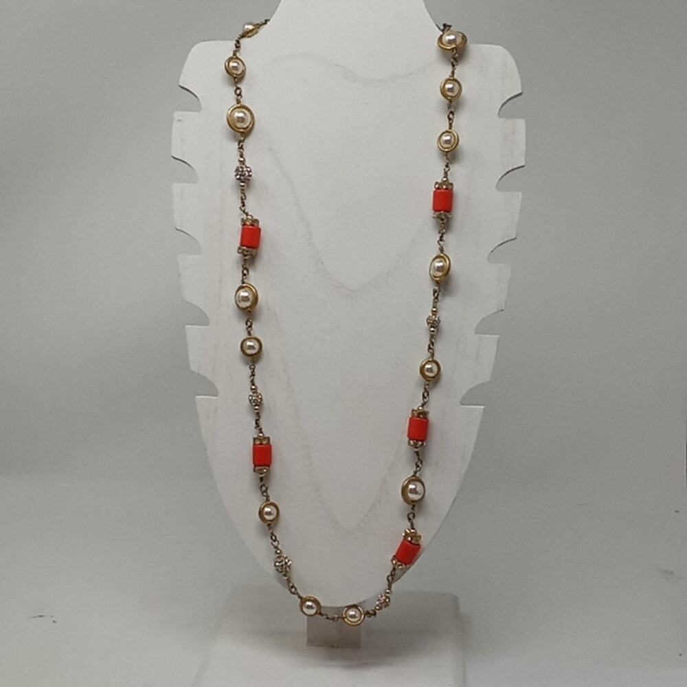 J Crew Women's Gold Tone Vintage Necklace with Pearl & Orange Beads
